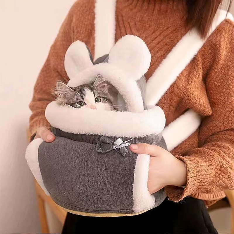 Grey 2-in-1 Ultra-Soft Plush Pet Carrier & Mobile Bed - Portable & Lightweight Cute Rabbit Ear Design Travel Cabin (M 25 x 25 x 20.5CM) - Image 1
