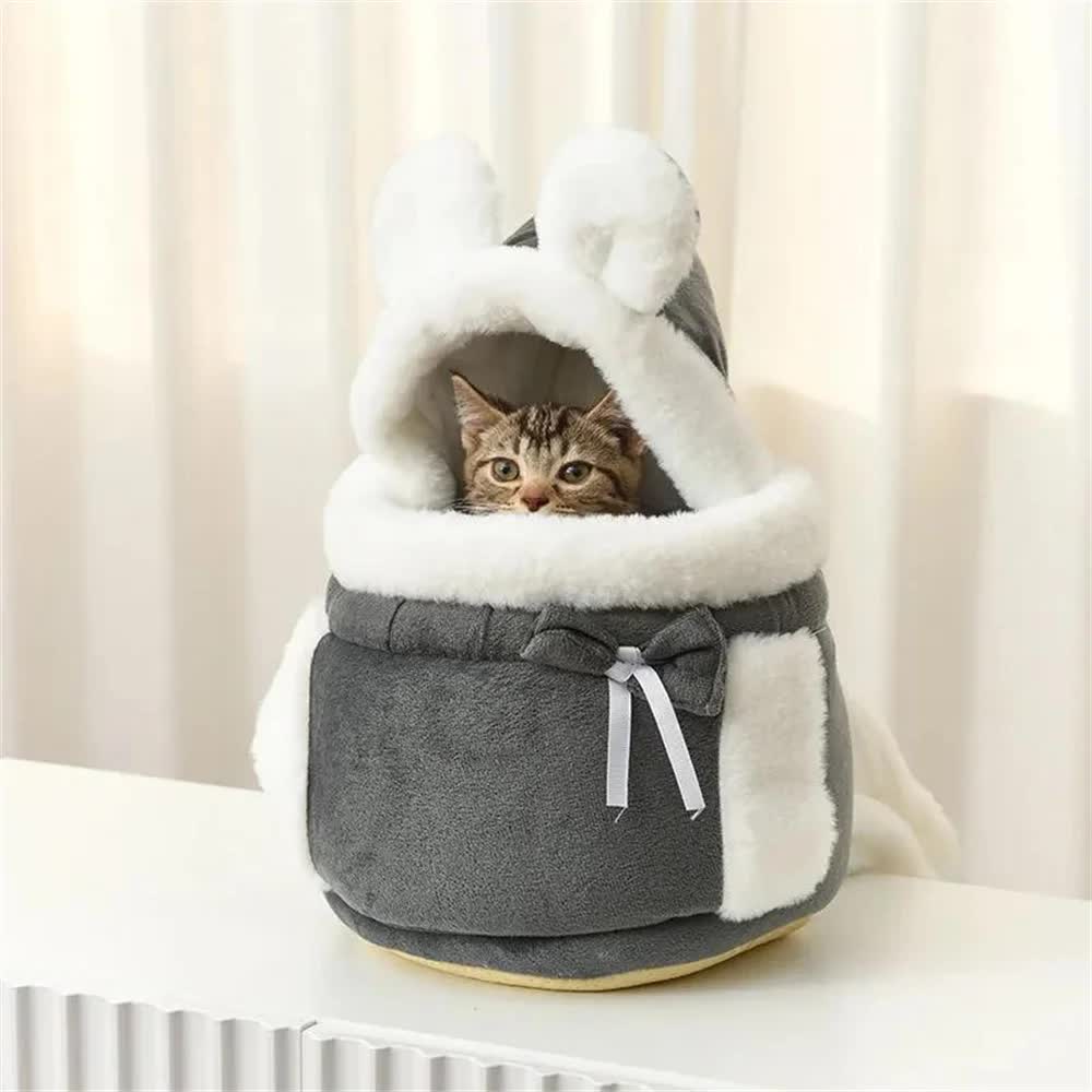 Grey 2-in-1 Ultra-Soft Plush Pet Carrier & Mobile Bed - Portable & Lightweight Cute Rabbit Ear Design Travel Cabin (M 25 x 25 x 20.5CM) - Image 6