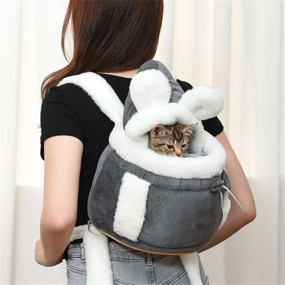 Grey 2-in-1 Ultra-Soft Plush Pet Carrier & Mobile Bed - Portable & Lightweight Cute Cat Ear Design Travel Cabin (XL 38 x 25 x 30CM) - Image 5
