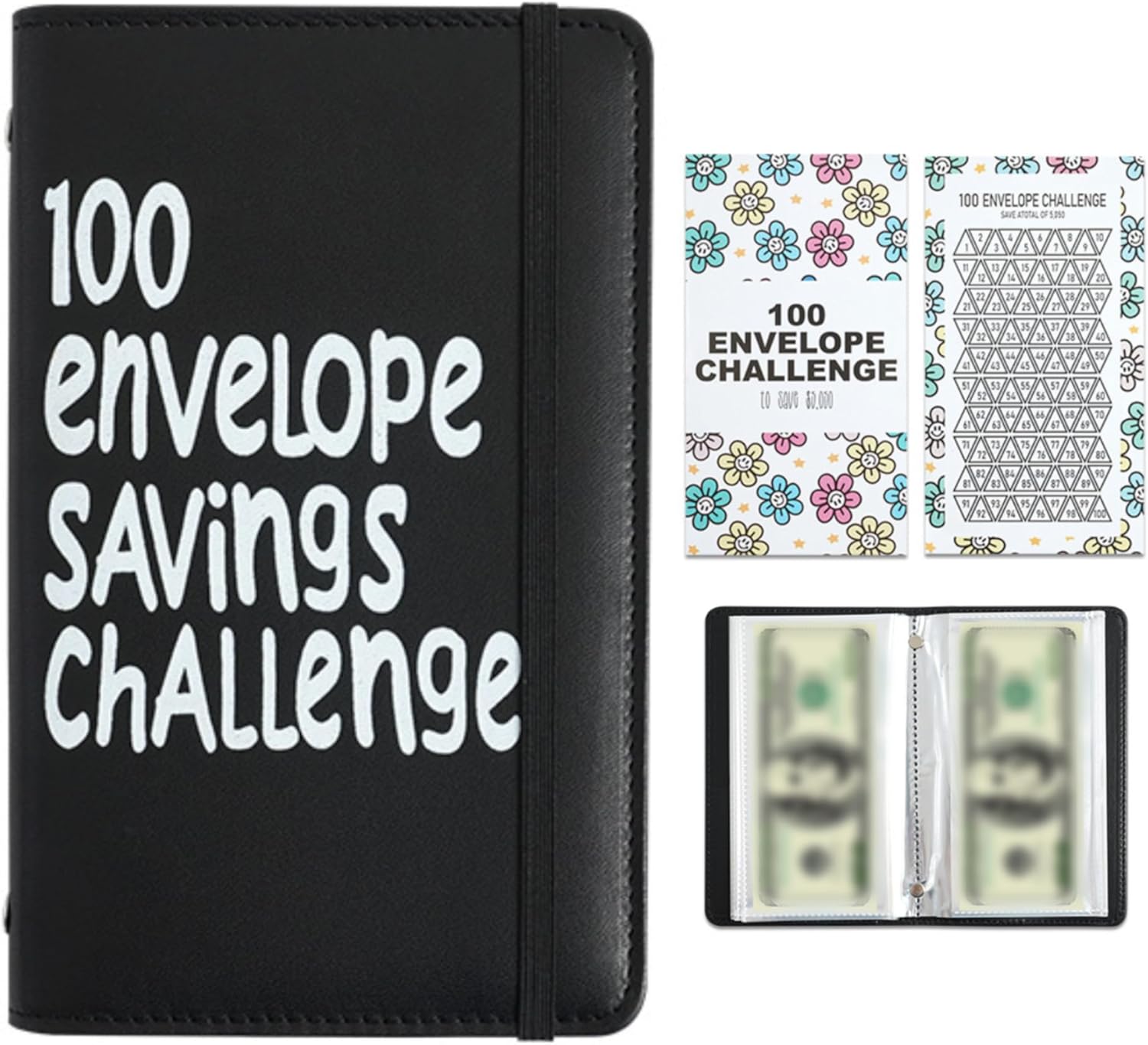 Black 100 Days Envelope Savings Challenge with 50 Clear Double-Sided Pages - Portable A6 Size for Budgeting & Financial Goals - Image 1