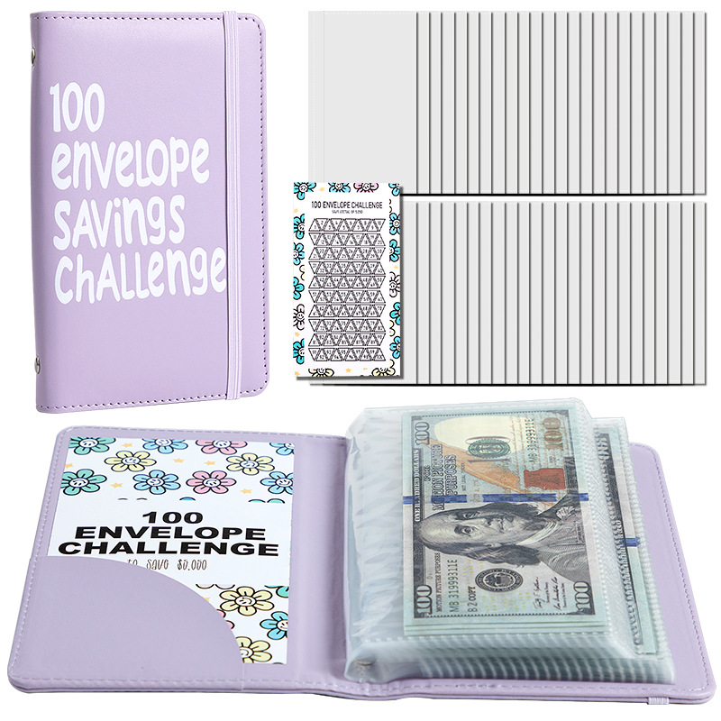 Purple 100 Days Envelope Savings Challenge with 50 Clear Double-Sided Pages - Portable A6 Size for Budgeting & Financial Goals - Image 1