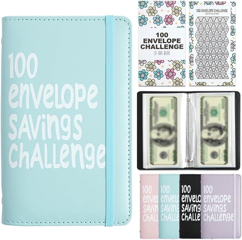 Blue 100 Days Envelope Savings Challenge with 50 Clear Double-Sided Pages - Portable A6 Size for Budgeting & Financial Goals - Image 1