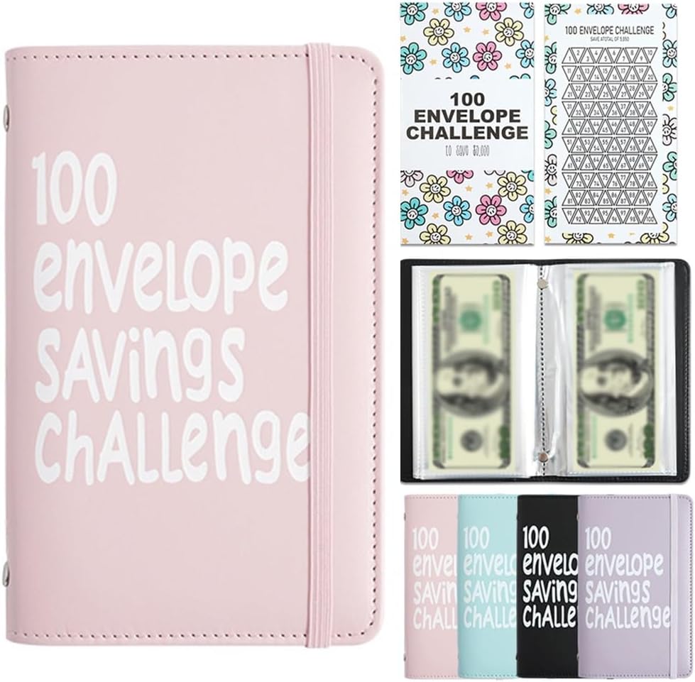 Pink 100 Days Envelope Savings Challenge with 50 Clear Double-Sided Pages - Portable A6 Size for Budgeting & Financial Goals - Image 1