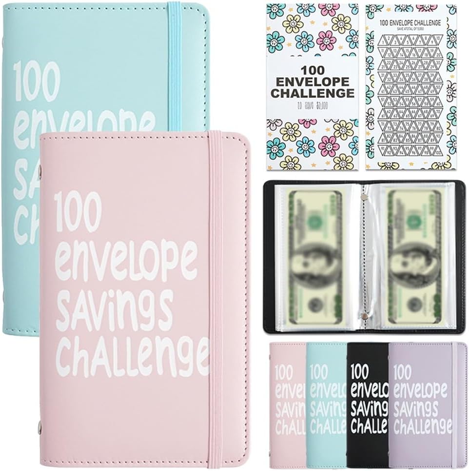 Two-Player 100 Days Envelope Savings Challenge with 50 Clear Double-Sided Pages - Portable A6 Size for Budgeting & Financial Goals (Pink + Blue) - Image 1