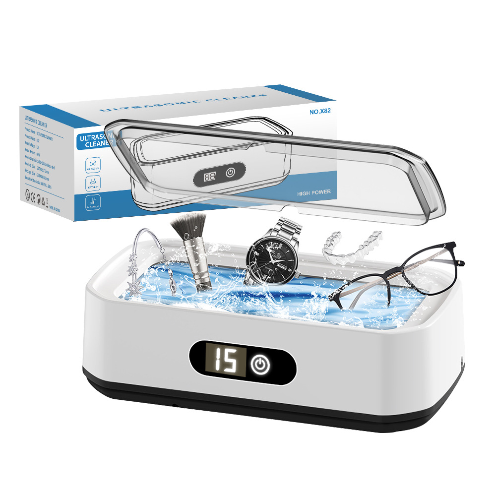 X82 White Ultrasonic Jewelry & Eyeglass Deep Cleaner with Cloth - LCD Digital Display & 5-Level Intelligent Timers and Large 650ml Stainless Steel Tank - Image 1