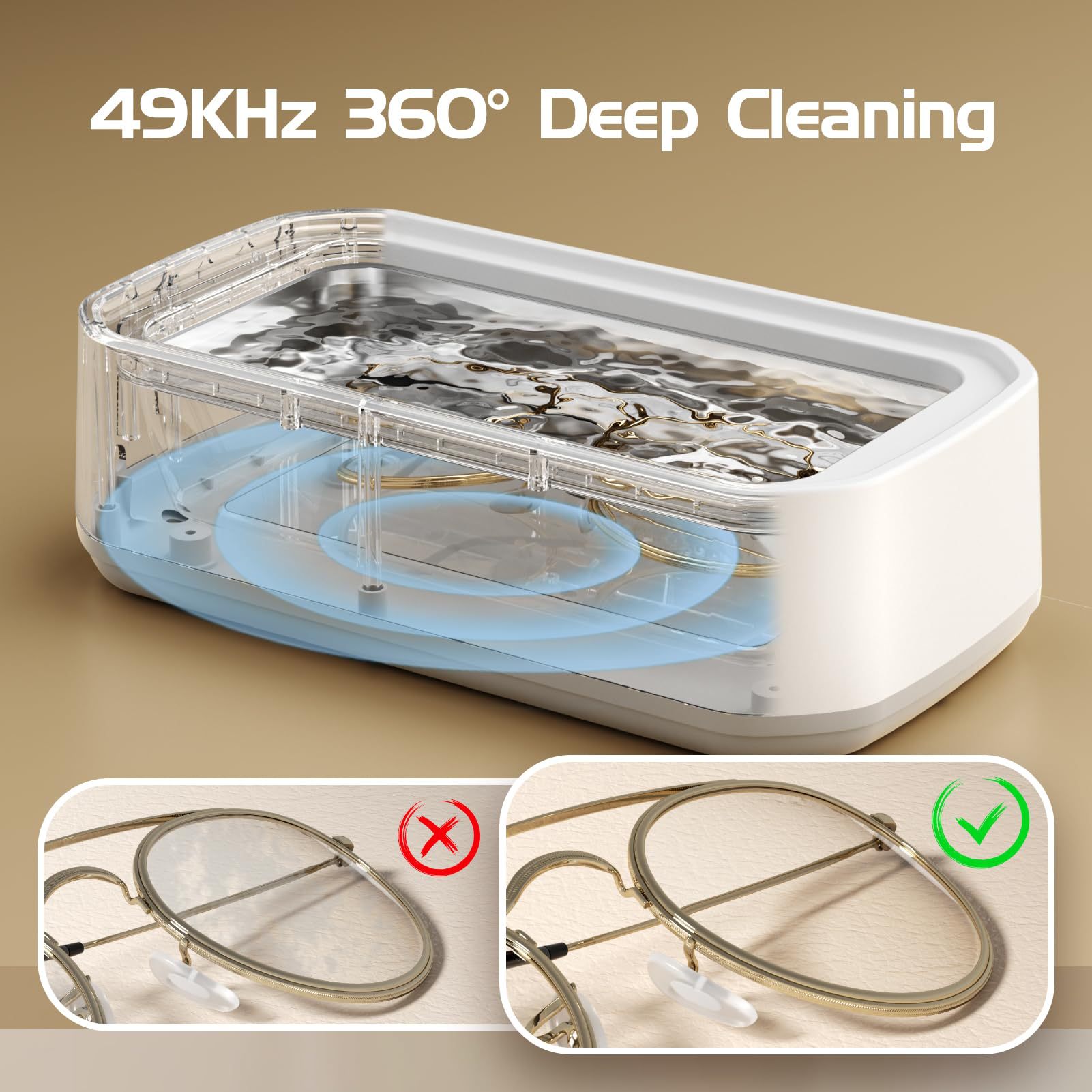 X82 White Ultrasonic Jewelry & Eyeglass Deep Cleaner with Cloth - LCD Digital Display & 5-Level Intelligent Timers and Large 650ml Stainless Steel Tank - Image 2