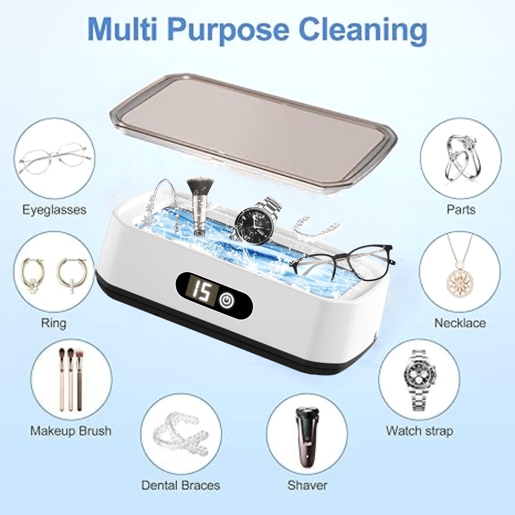 X82 White Ultrasonic Jewelry & Eyeglass Deep Cleaner with Cloth - LCD Digital Display & 5-Level Intelligent Timers and Large 650ml Stainless Steel Tank - Image 5