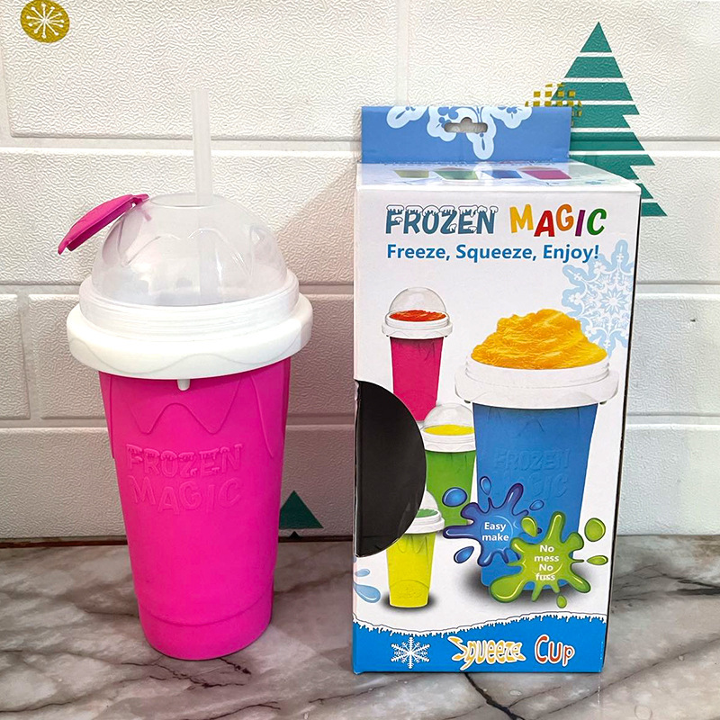 Pink Instant DIY Slushie Squeeze Maker Cup - Food-Grade Silicone Double-Layer Cooling Smoothie Cup with 2-in-1 Straw & Spoon - Image 1