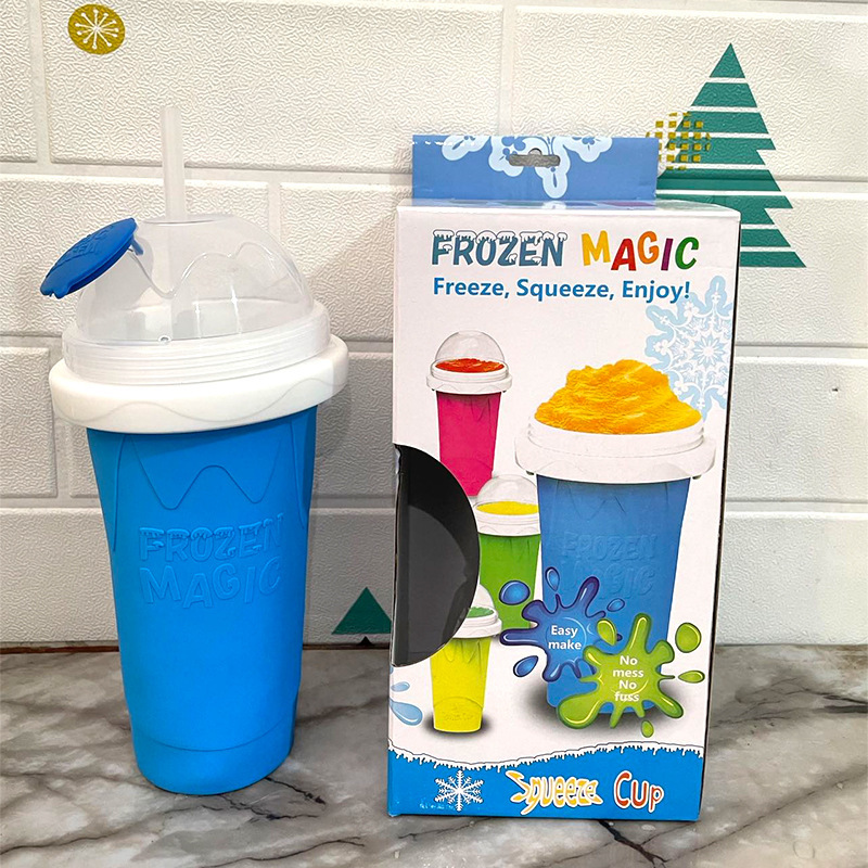 Blue Instant DIY Slushie Squeeze Maker Cup - Food-Grade Silicone Double-Layer Cooling Smoothie Cup with 2-in-1 Straw & Spoon - Image 1