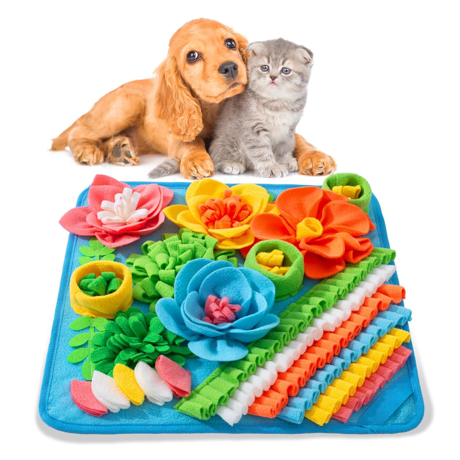 Blue 39X39CM Interactive Fleece Dog Sniffing Mat & Slow Feeder - Stress Relief IQ Training Scent Foraging Blanket for Indoor Cats and Dogs - Image 1