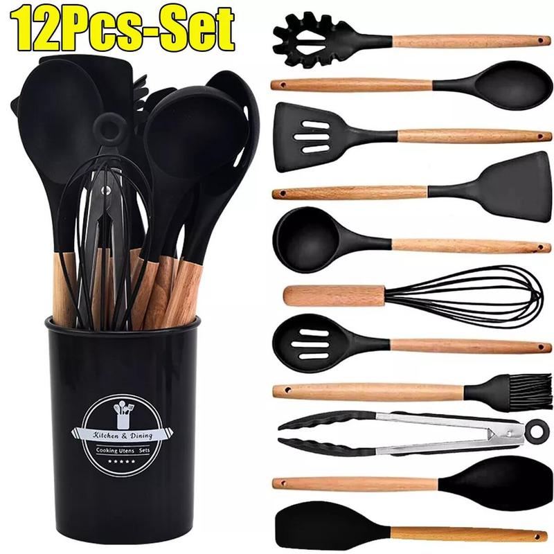 12-Piece Black Heat-Resistant Silicone Cooking Utensils with Wooden Handles and Box - Non-Stick Scratch-Free Kitchen Tool Kit - Image 1