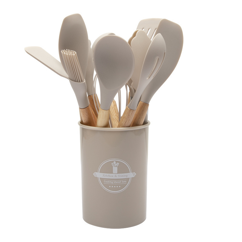 12-Piece Khaki Heat-Resistant Silicone Cooking Utensils with Wooden Handles and Box - Non-Stick Scratch-Free Kitchen Tool Kit - Image 1