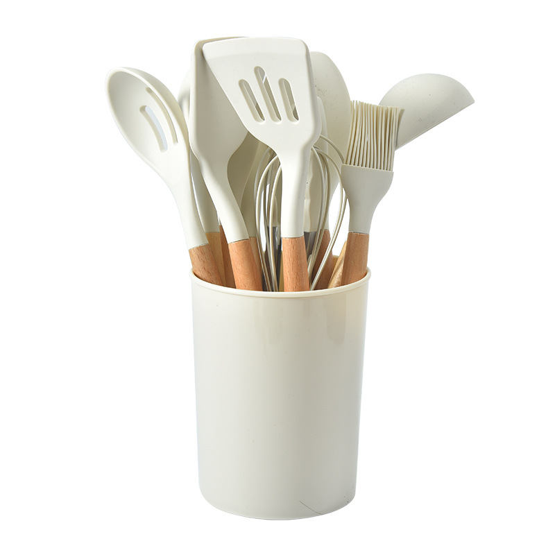 12-Piece White Heat-Resistant Silicone Cooking Utensils with Wooden Handles and Box - Non-Stick Scratch-Free Kitchen Tool Kit - Image 1