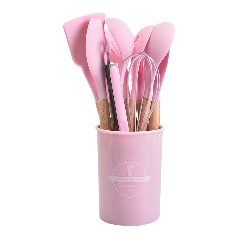 12-Piece Pink Heat-Resistant Silicone Cooking Utensils with Wooden Handles and Box - Non-Stick Scratch-Free Kitchen Tool Kit - Image 1