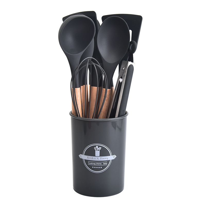 12-Piece Grey Heat-Resistant Silicone Cooking Utensils with Wooden Handles and Box - Non-Stick Scratch-Free Kitchen Tool Kit - Image 1