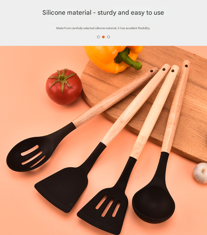 12-Piece Grey Heat-Resistant Silicone Cooking Utensils with Wooden Handles and Box - Non-Stick Scratch-Free Kitchen Tool Kit - Image 2