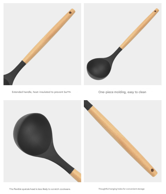 12-Piece Grey Heat-Resistant Silicone Cooking Utensils with Wooden Handles and Box - Non-Stick Scratch-Free Kitchen Tool Kit - Image 3