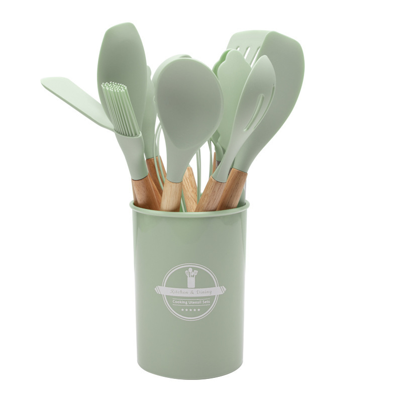 12-Piece Green Heat-Resistant Silicone Cooking Utensils with Wooden Handles and Box - Non-Stick Scratch-Free Kitchen Tool Kit - Image 1