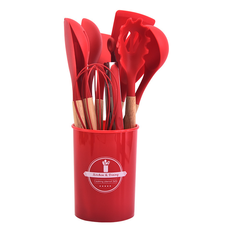 12-Piece Red Heat-Resistant Silicone Cooking Utensils with Wooden Handles and Box - Non-Stick Scratch-Free Kitchen Tool Kit - Image 1