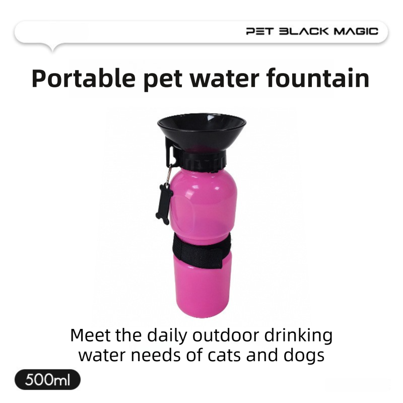 Pink 500ML Portable Pet Dog Water Bottle with 10cm Wide Bowl - Leakproof Travel Drinker for Outdoor Walking and Hiking - Image 1