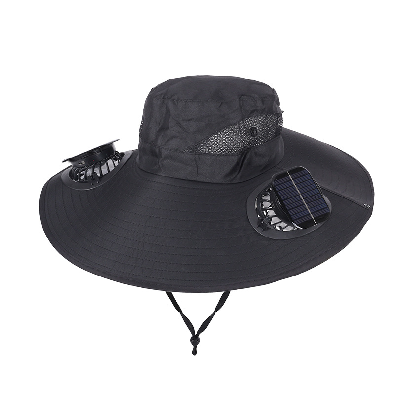 Black Dual Turbo Fan Sun Hat with Square Solar Panel & TypeC Interface - Waterproof 14cm Wide-Brim Cooling Hat for Outdoor Fishing Hiking Camping - Image 1