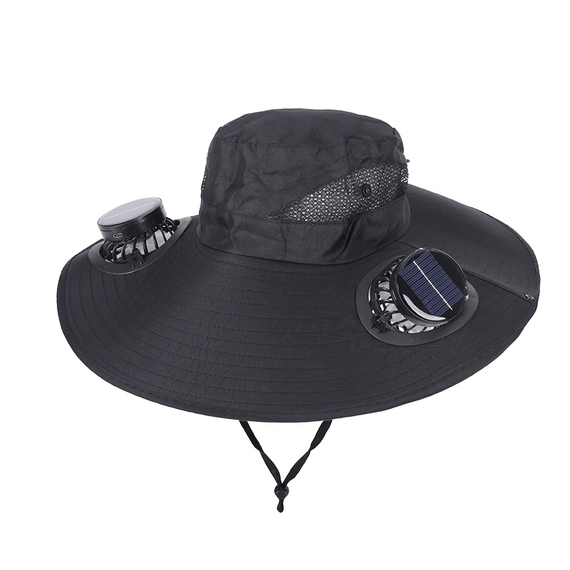 Black Dual Turbo Fan Sun Hat with Round Solar Panel & TypeC Interface - Waterproof 14cm Wide-Brim Cooling Hat for Outdoor Fishing Hiking Camping - Image 1