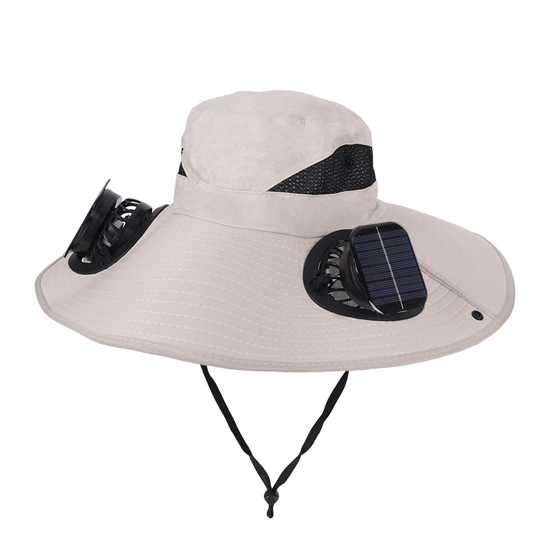 Khaki Dual Turbo Fan Sun Hat with Square Solar Panel & TypeC Interface - Waterproof 14cm Wide-Brim Cooling Hat for Outdoor Fishing Hiking Camping - Image 1