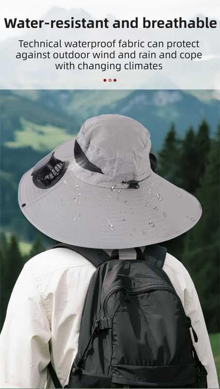 Khaki Dual Turbo Fan Sun Hat with Square Solar Panel & TypeC Interface - Waterproof 14cm Wide-Brim Cooling Hat for Outdoor Fishing Hiking Camping - Image 6