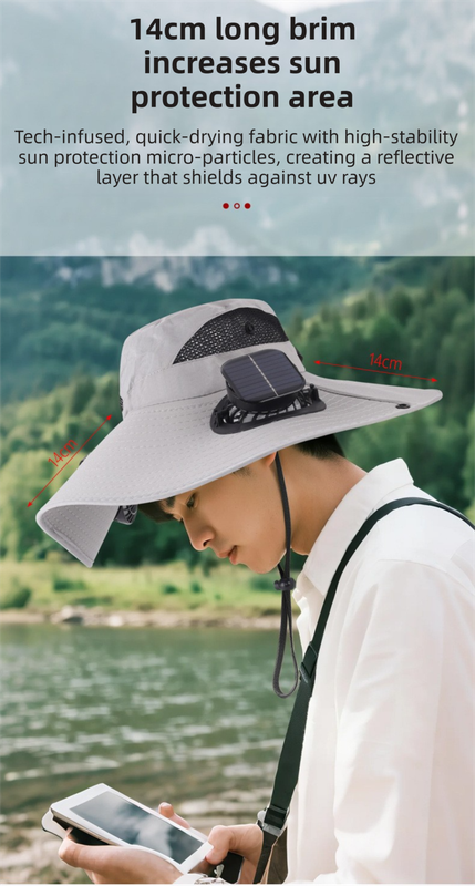 Khaki Dual Turbo Fan Sun Hat with Square Solar Panel & TypeC Interface - Waterproof 14cm Wide-Brim Cooling Hat for Outdoor Fishing Hiking Camping - Image 7