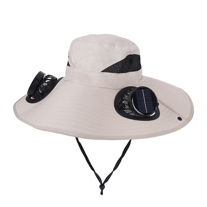 Khaki Dual Turbo Fan Sun Hat with Round Solar Panel & TypeC Interface - Waterproof 14cm Wide-Brim Cooling Hat for Outdoor Fishing Hiking Camping - Image 1
