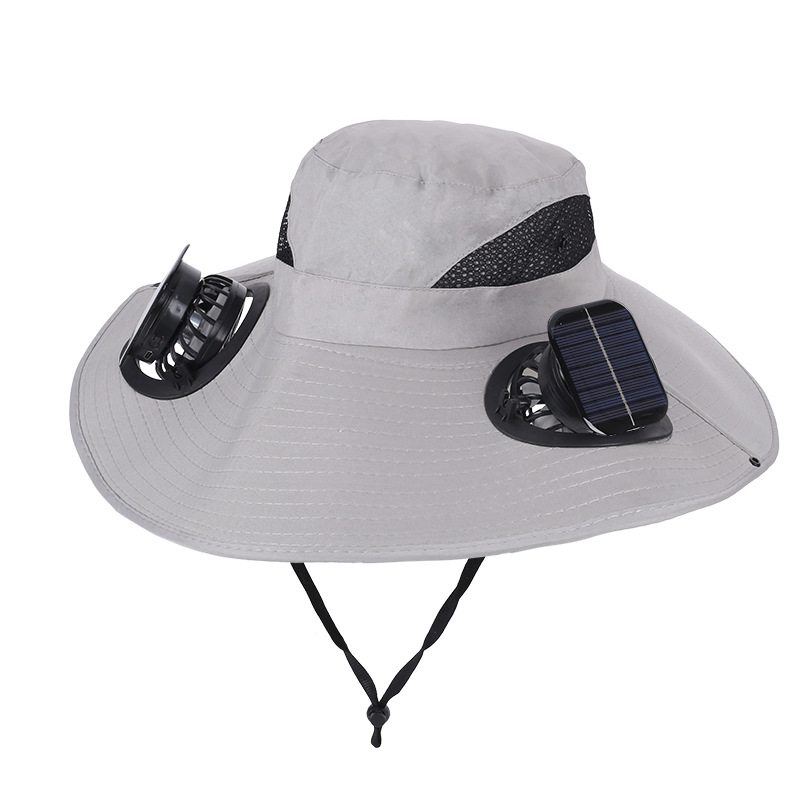 Light Grey Dual Turbo Fan Sun Hat with Square Solar Panel & TypeC Interface - Waterproof 14cm Wide-Brim Cooling Hat for Outdoor Fishing Hiking Camping - Image 1
