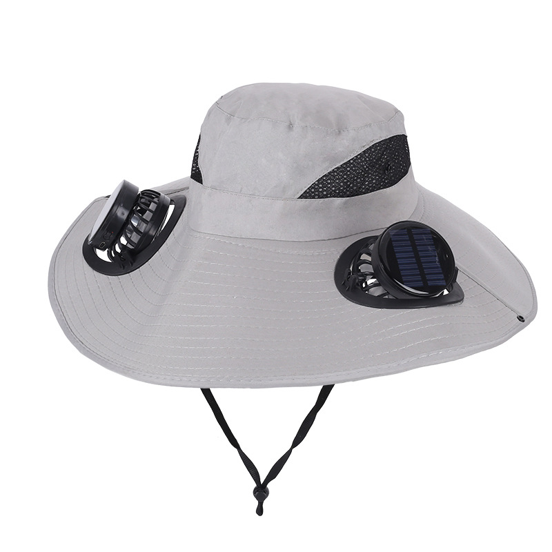 Light Grey Dual Turbo Fan Sun Hat with Round Solar Panel & TypeC Interface - Waterproof 14cm Wide-Brim Cooling Hat for Outdoor Fishing Hiking Camping - Image 1