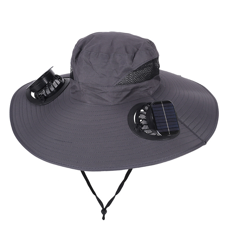 Dark Grey Dual Turbo Fan Sun Hat with Square Solar Panel & TypeC Interface - Waterproof 14cm Wide-Brim Cooling Hat for Outdoor Fishing Hiking Camping - Image 1