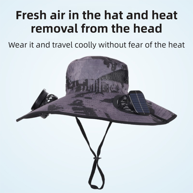 Dark Grey Dual Turbo Fan Sun Hat with Square Solar Panel & TypeC Interface - Waterproof 14cm Wide-Brim Cooling Hat for Outdoor Fishing Hiking Camping - Image 2
