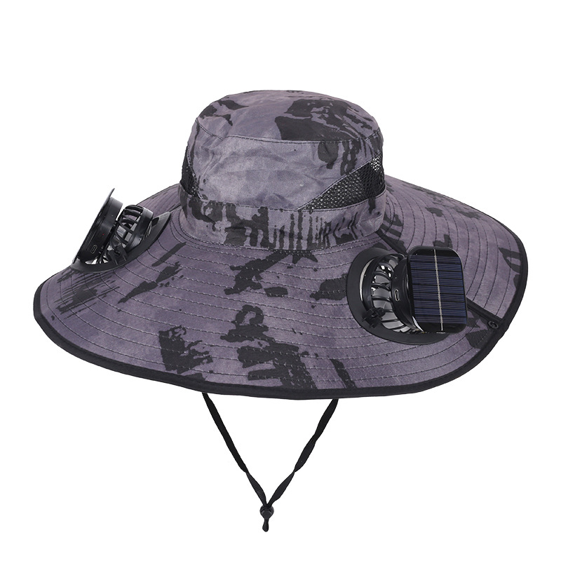 Camouflage Grey Dual Turbo Fan Sun Hat with Square Solar Panel & TypeC Interface - Waterproof 14cm Wide-Brim Cooling Hat for Outdoor Fishing Hiking Camping - Image 1