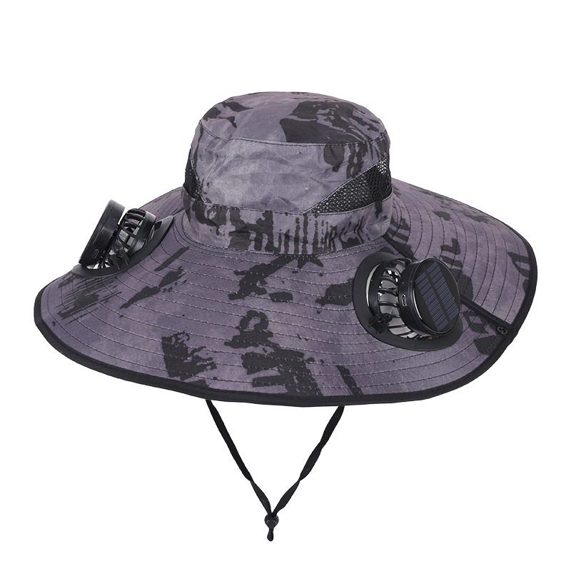Camouflage Grey Dual Turbo Fan Sun Hat with Round Solar Panel & TypeC Interface - Waterproof 14cm Wide-Brim Cooling Hat for Outdoor Fishing Hiking Camping - Image 1