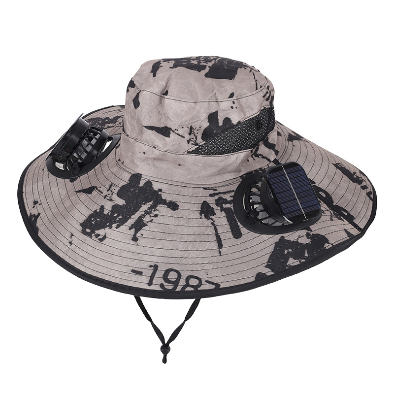Camouflage Khaki Dual Turbo Fan Sun Hat with Square Solar Panel & TypeC Interface - Waterproof 14cm Wide-Brim Cooling Hat for Outdoor Fishing Hiking Camping - Image 1