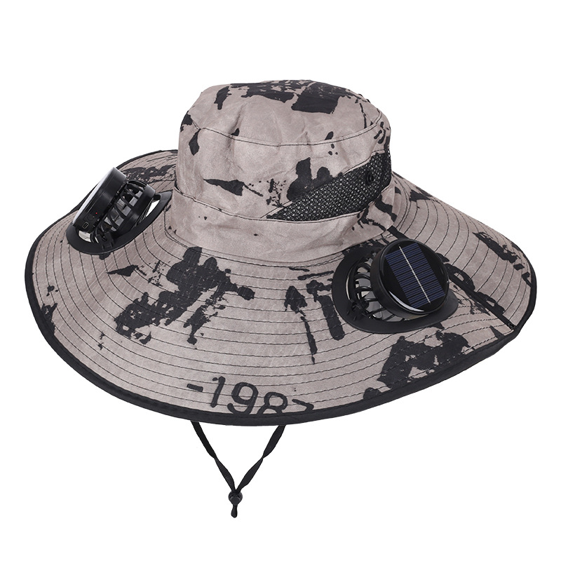 Camouflage Khaki Dual Turbo Fan Sun Hat with Round Solar Panel & TypeC Interface - Waterproof 14cm Wide-Brim Cooling Hat for Outdoor Fishing Hiking Camping - Image 1
