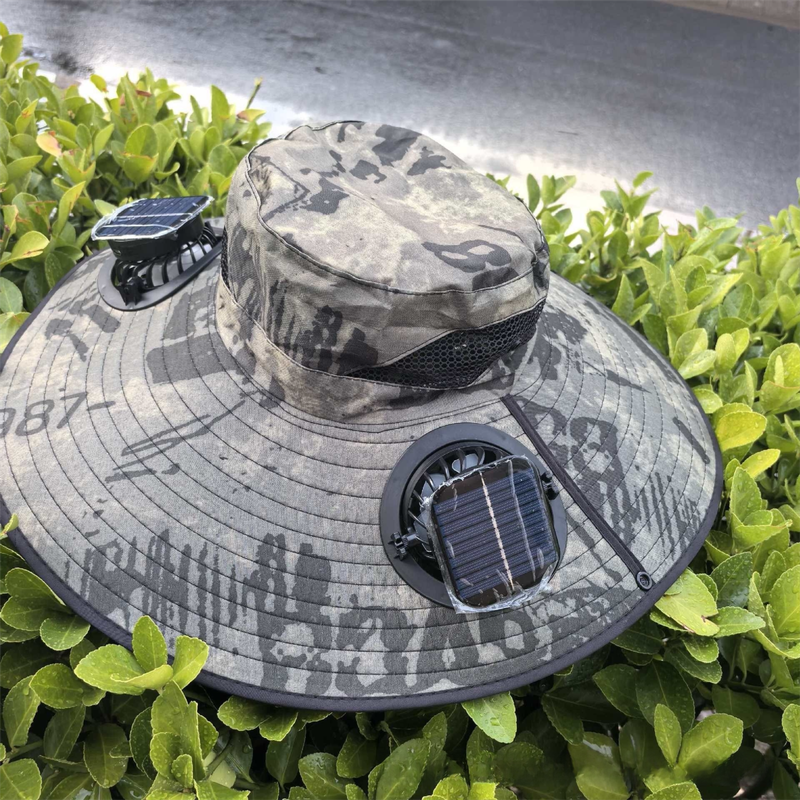 Camouflage Green Dual Turbo Fan Sun Hat with Square Solar Panel & TypeC Interface - Waterproof 14cm Wide-Brim Cooling Hat for Outdoor Fishing Hiking Camping - Image 1