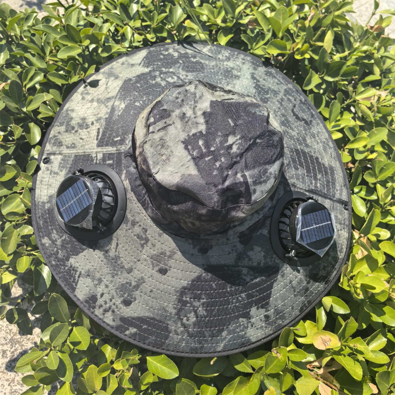 Camouflage Green Dual Turbo Fan Sun Hat with Round Solar Panel & TypeC Interface - Waterproof 14cm Wide-Brim Cooling Hat for Outdoor Fishing Hiking Camping - Image 1