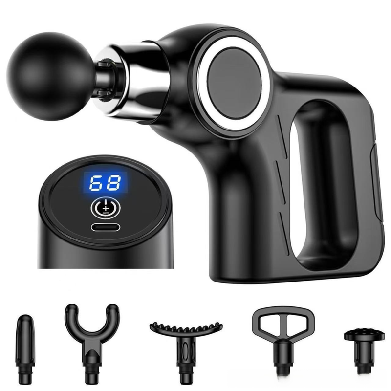 Black Portable Mini Triangle Massage Gun with 6 Heads & 6 Speed Setting - High Frequency Muscle Stimulator for Professional Fitness (LCD Model) - Image 1