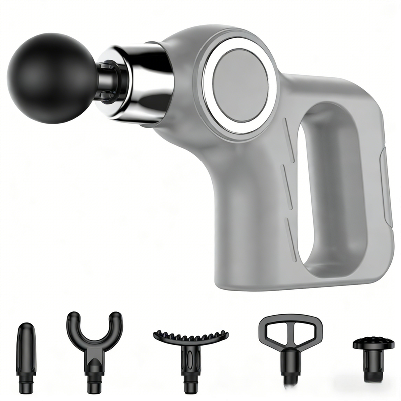 Grey Portable Mini Triangle Massage Gun with 6 Heads & 6 Speed Setting - High Frequency Muscle Stimulator for Professional Fitness (Button Model) - Image 1