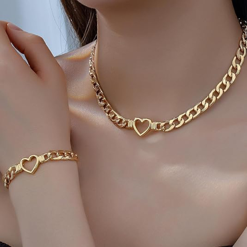 Style 1 Trendy Gold-Plated Heart Necklace & Bracelet Set - Tarnish Free Alloy Cuban Link Jewelry for Fashionable Women - Image 1