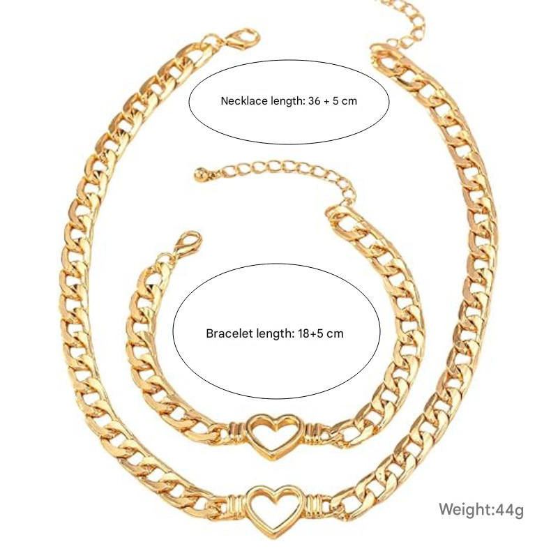 Style 1 Trendy Gold-Plated Heart Necklace & Bracelet Set - Tarnish Free Alloy Cuban Link Jewelry for Fashionable Women - Image 2