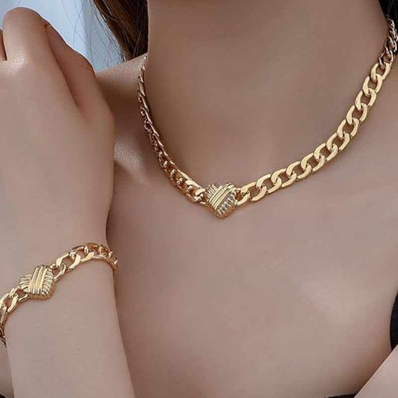 Style 2 Trendy Gold-Plated Heart Necklace & Bracelet Set - Tarnish Free Alloy Cuban Link Jewelry for Fashionable Women - Image 1