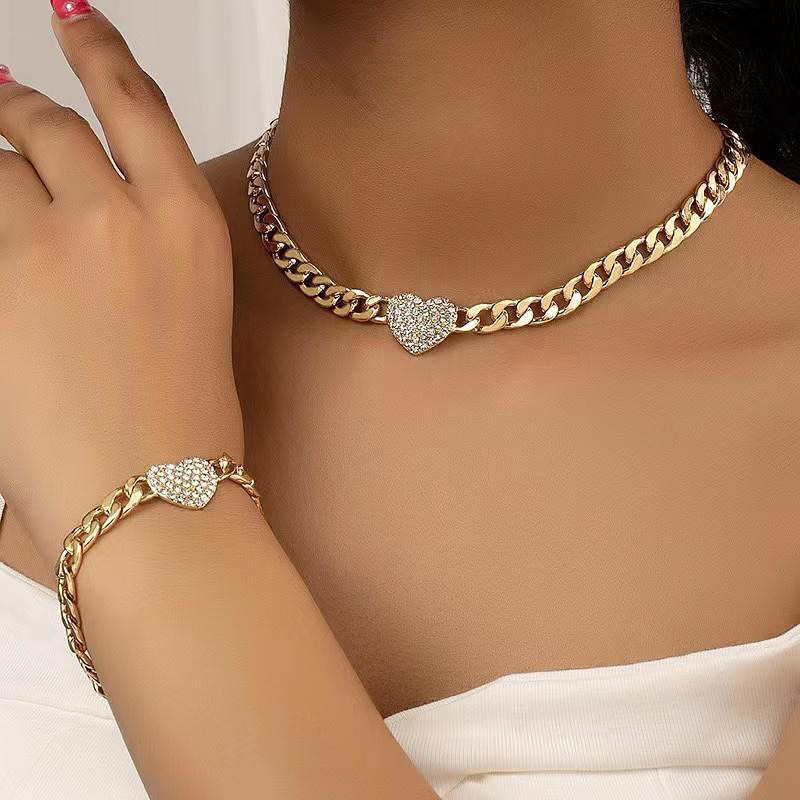Style 3 Trendy Gold-Plated Heart Necklace & Bracelet Set - Tarnish Free Alloy Cuban Link Jewelry for Fashionable Women - Image 1