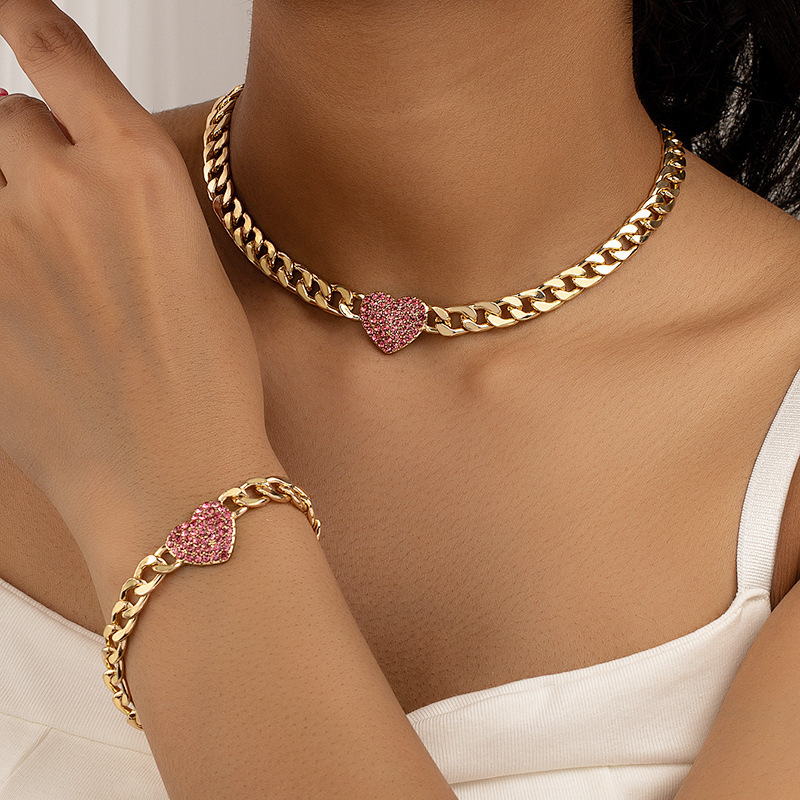 Style 4 Trendy Gold-Plated Heart Necklace & Bracelet Set - Tarnish Free Alloy Cuban Link Jewelry for Fashionable Women - Image 1
