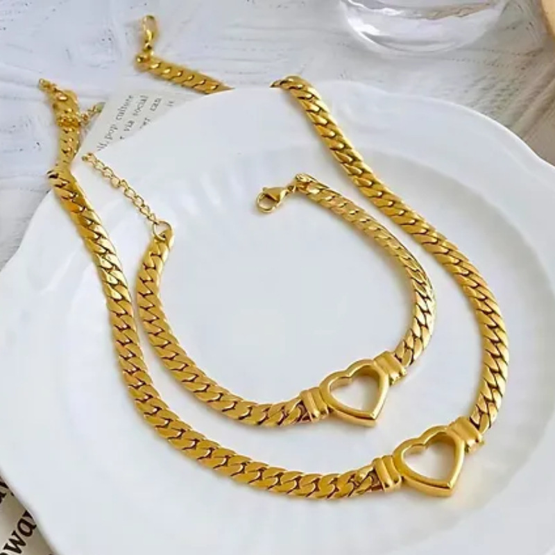 Style 5 Trendy Gold-Plated Heart Necklace & Bracelet Set - Tarnish Free Titanium Steel Cuban Link Jewelry for Fashionable Women - Image 1