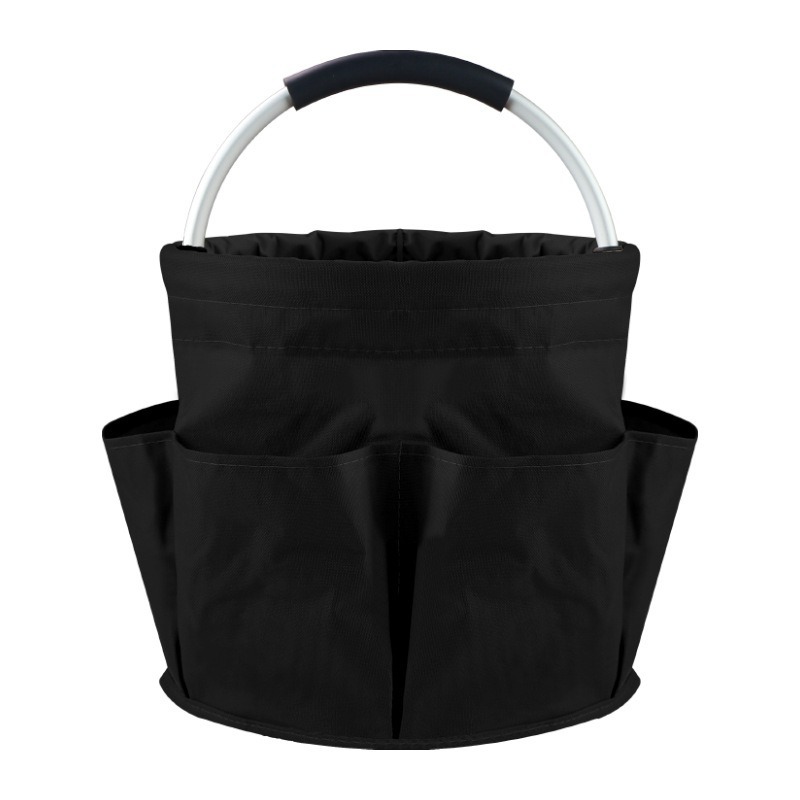 Black Foldable Oxford Cloth Round Picnic Basket with Padded Metal Handle - 6 Pocket Large Capacity Storage Tote for Outdoor Beach and Shopping - Image 1