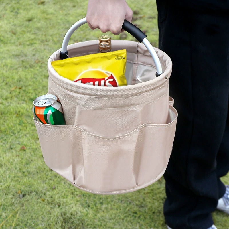Khaki Foldable Oxford Cloth Round Picnic Basket with Padded Metal Handle - 6 Pocket Large Capacity Storage Tote for Outdoor Beach and Shopping - Image 1
